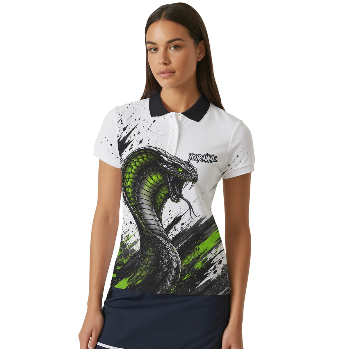Personalisiertes Dartshirt mit weiß-schwarz-grüner Kobra für Damen Y070