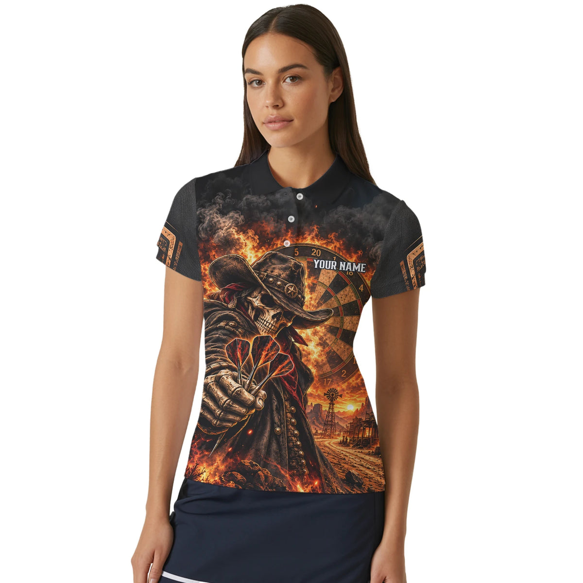Personalisiertes Dartshirt in Schwarz und Orange mit Cowboy-Totenkopf, Flammen und Dartscheibe für Damen G9772