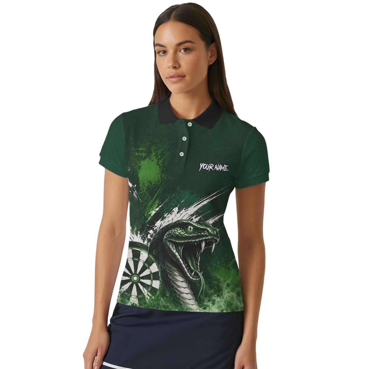 Personalisiertes Grün-schwarzes Kobra-Dartboard Dartshirt für Damen M244
