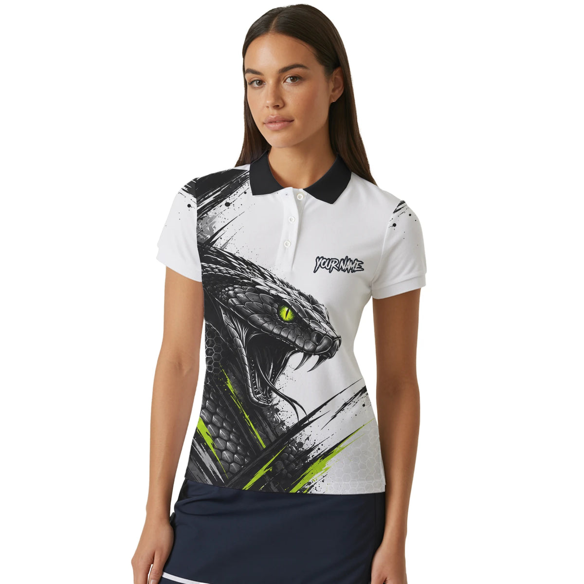 Personalisiertes Dartshirt mit weiß-schwarz-grüner Kobra für Damen I051