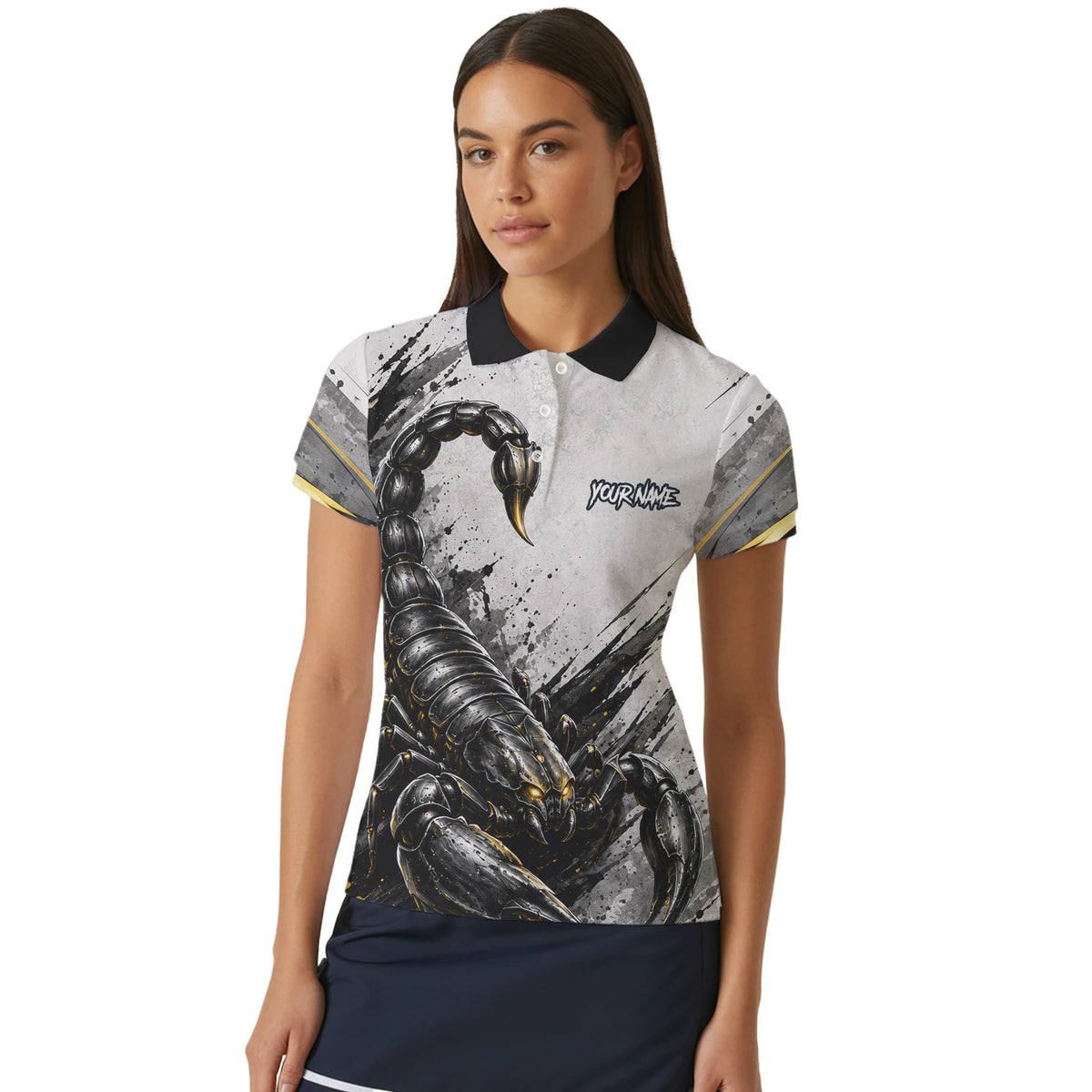 Personalisiertes Dartshirt mit weiß-schwarz-goldenem Skorpion für Damen S226