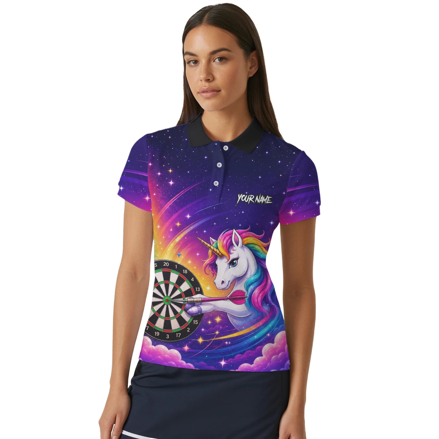 Personalisiertes Violettes Regenbogen-Einhorn-Dartshirt für Damen P431