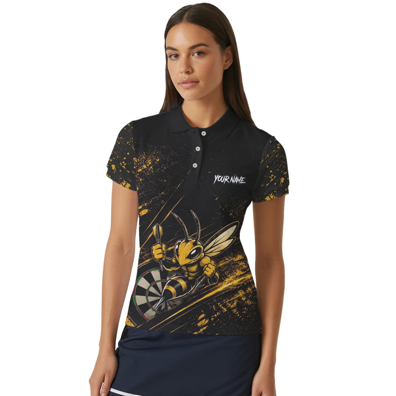 Personalisiertes Schwarz-goldenes Bienen-Dartboard Dartshirt für Damen L410
