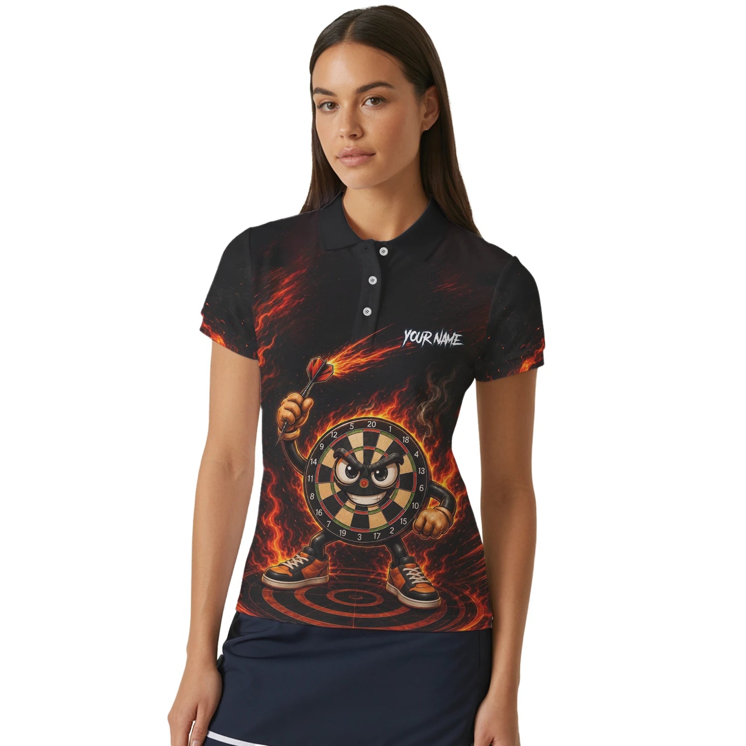Personalisiertes Schwarz-rotes Flammen-Dartboard-Dartshirt für Damen W224