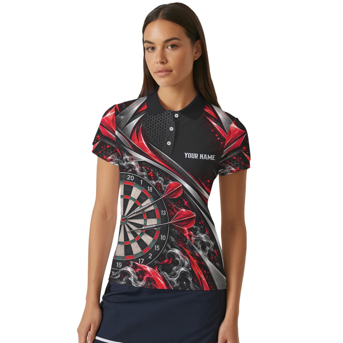 Personalisiertes Dartshirt in Schwarz, Rot und Silber mit geschwungenen Linien und Dartscheibe für Damen L9172