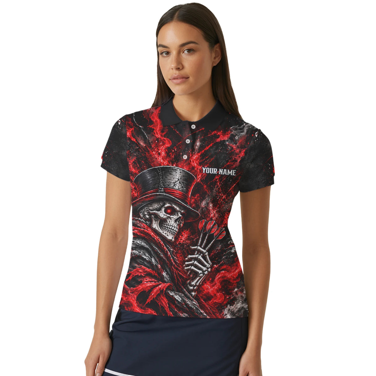 Personalisiertes Dartshirt in Schwarz und Rot mit Skelett, Zylinder, Dartpfeilen und Dartscheibe für Damen R5016