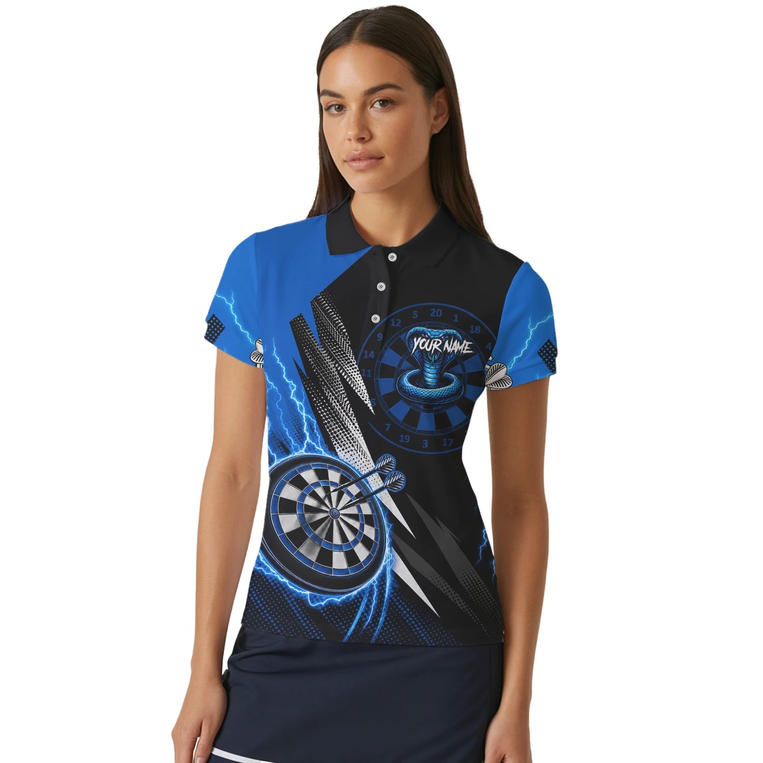 Personalisiertes Blaues Kobra-Blitz Dart Poloshirt für Damen S015