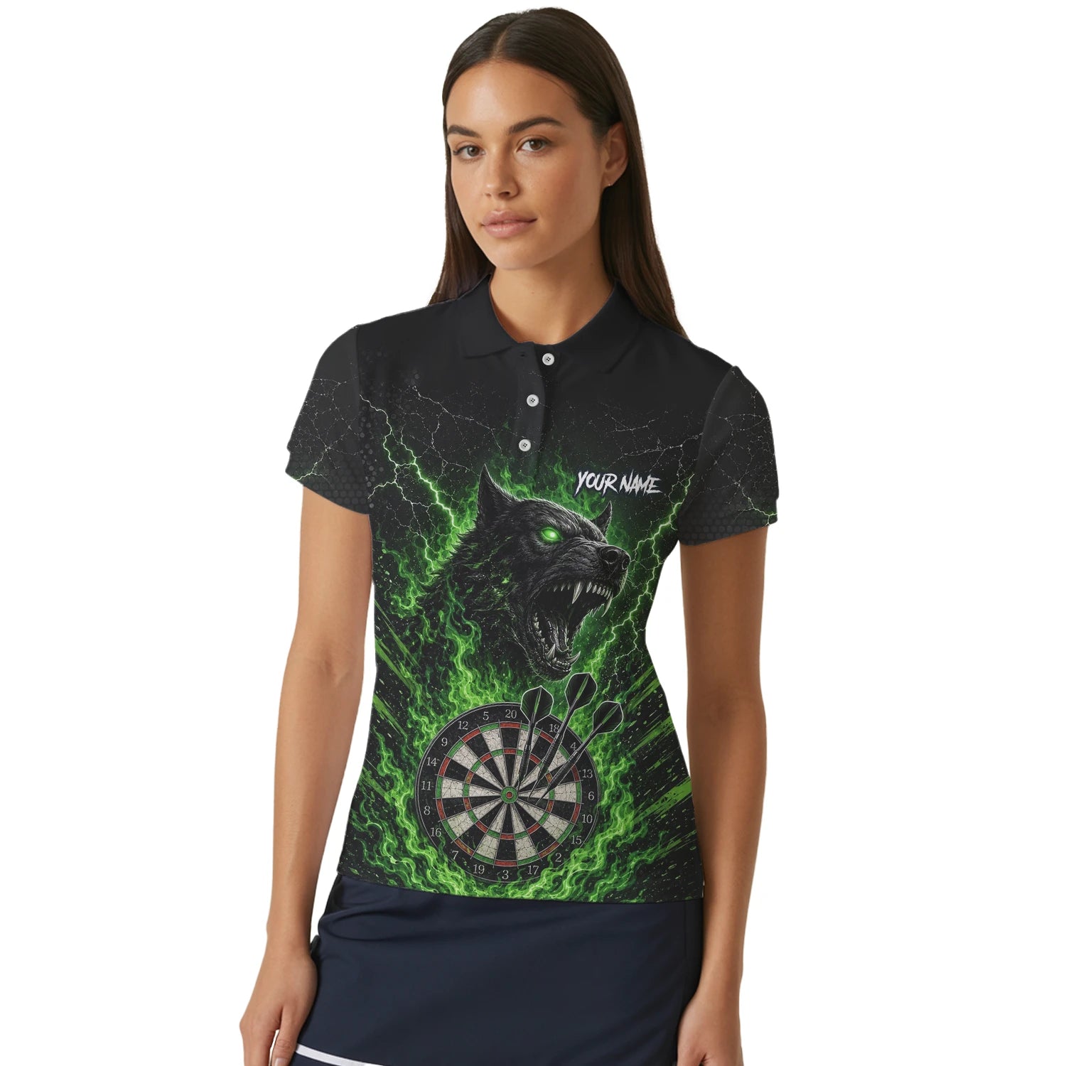 Personalisiertes Schwarz-grünes Wolf-Dartboard Dartshirt für Damen F303