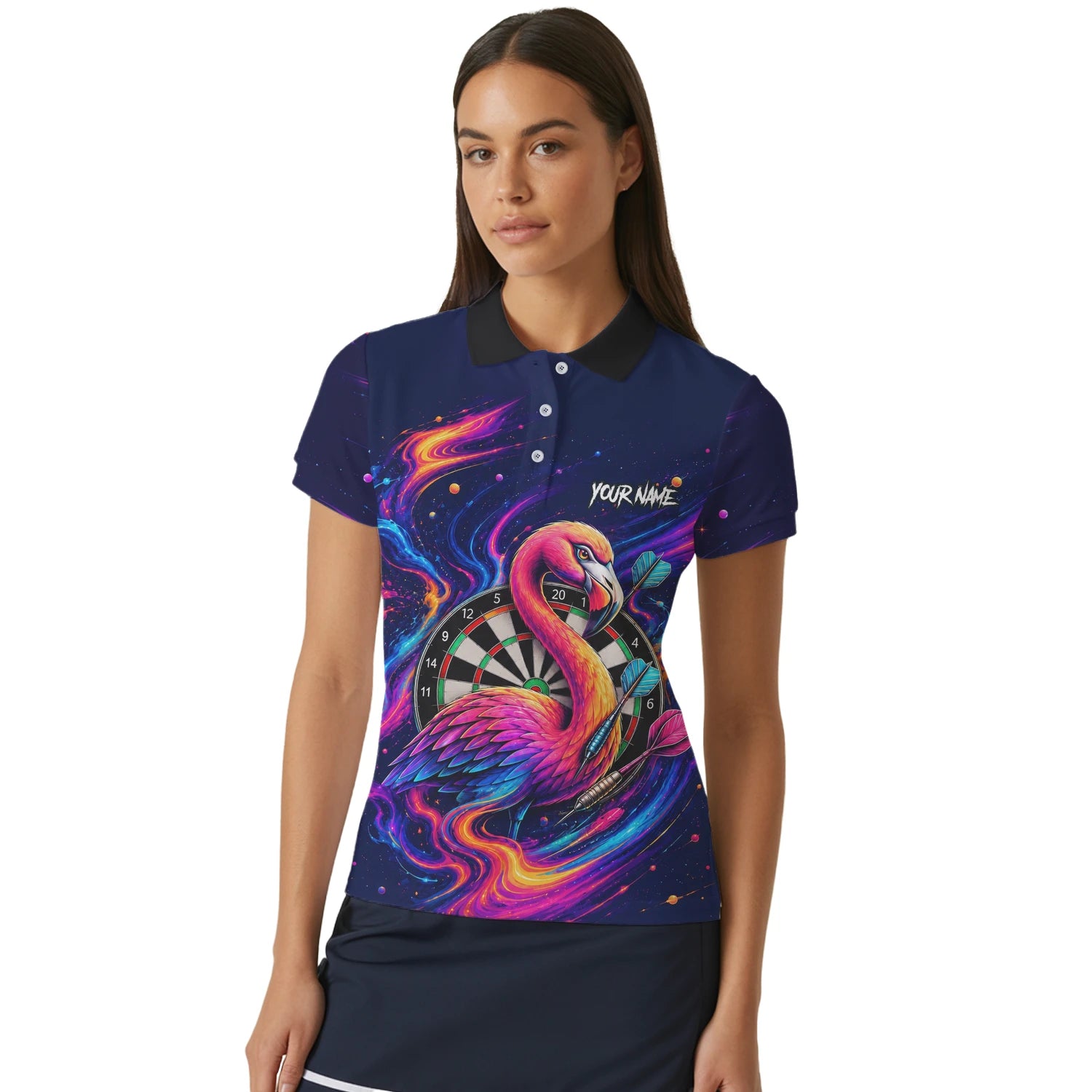 Personalisiertes Neon-Flamingo-Galaxie Dart Poloshirt für Damen D064