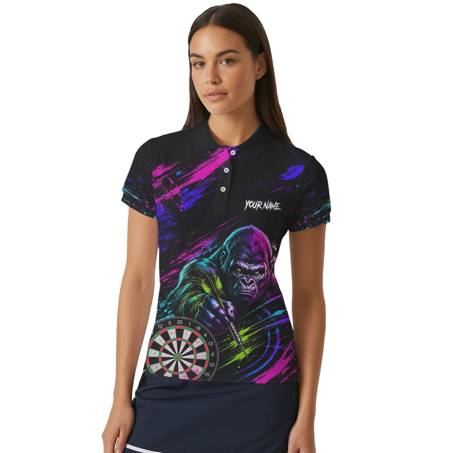 Personalisiertes Schwarz-pink-lila Gorilla-Dartshirt für Damen U874