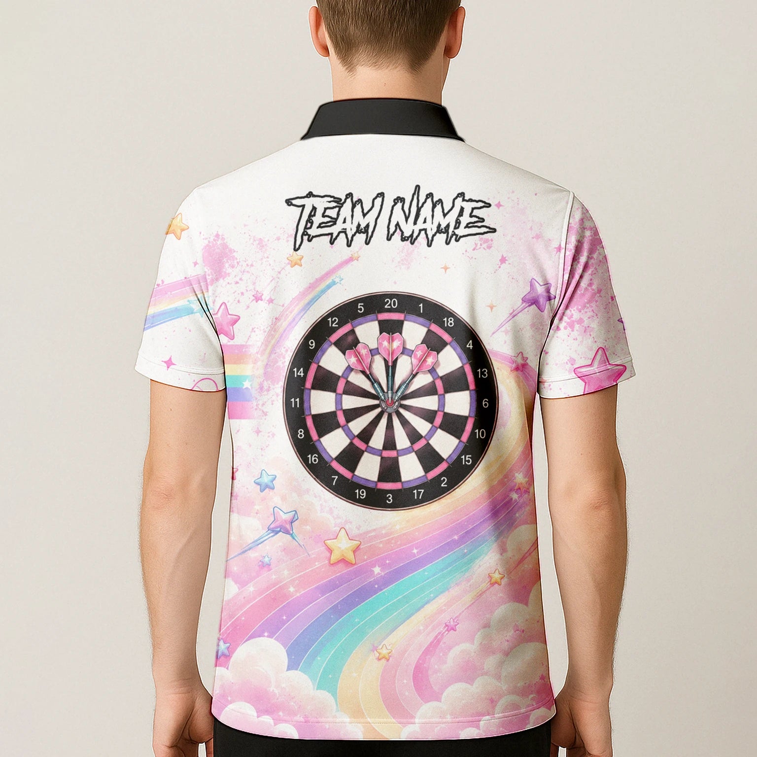 Personalisiertes Weiß-rosa Regenbogen-Einhorn-Dartshirt für Herren F188