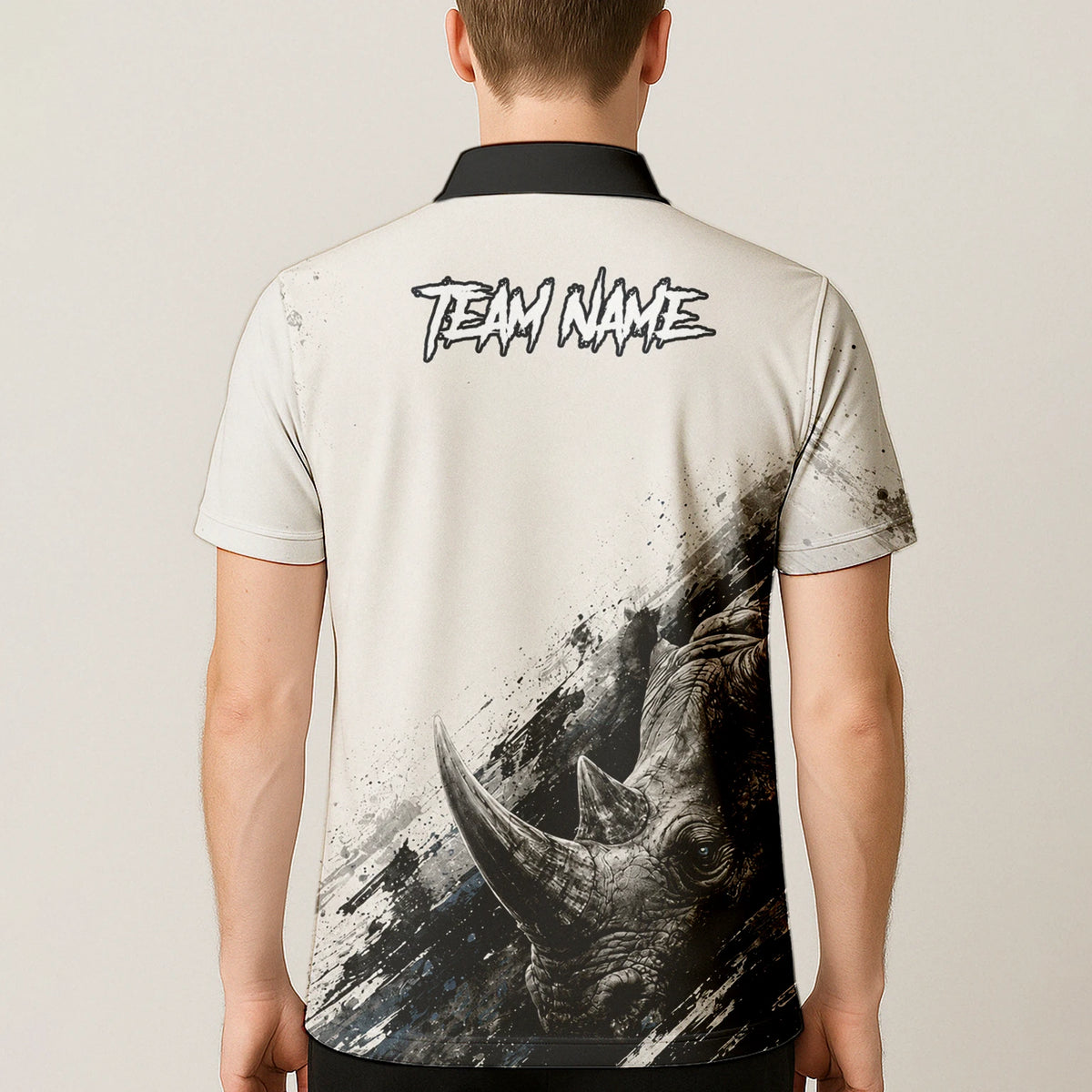 Personalisiertes Dartshirt mit weiß-schwarz-grauem Nashorn für Herren C312