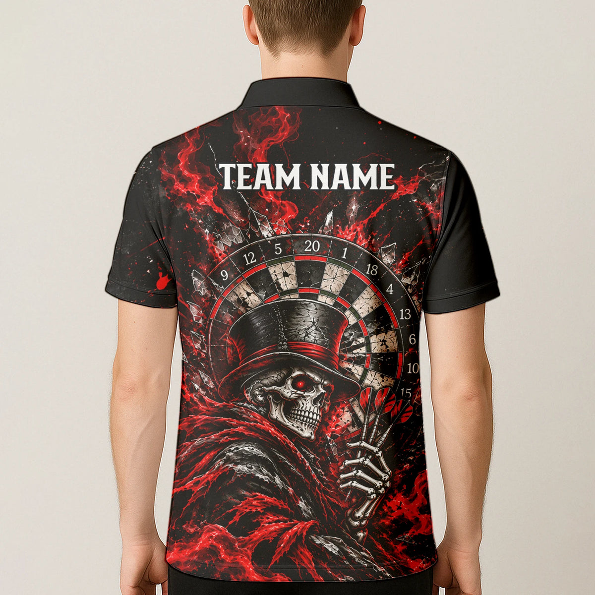 Personalisiertes Dartshirt in Schwarz und Rot mit Skelett, Zylinder, Dartpfeilen und Dartscheibe für Herren R5016