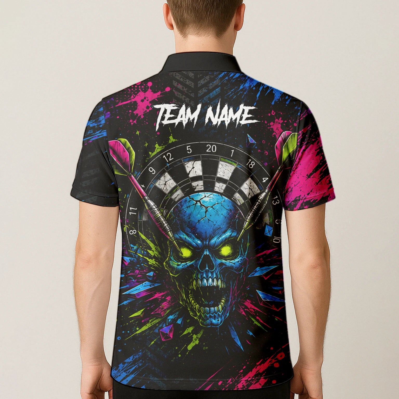 Personalisiertes Neonfarbenes Totenkopf-Dartboard Dartshirt für Herren S232