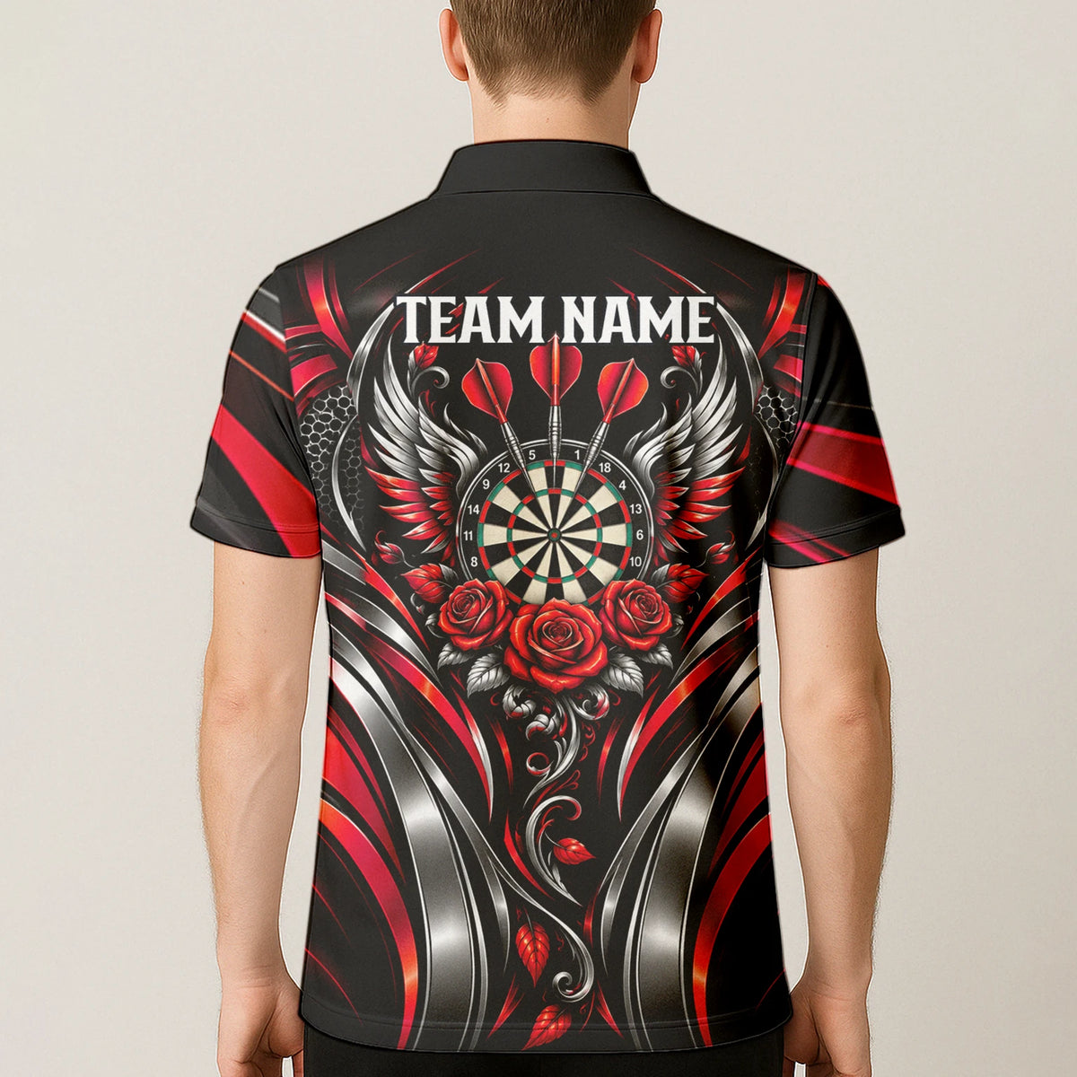 Personalisiertes Dartshirt in Schwarz, Rot und Silber mit Rosen, Flügeln und Dartscheibe für Herren Y2535