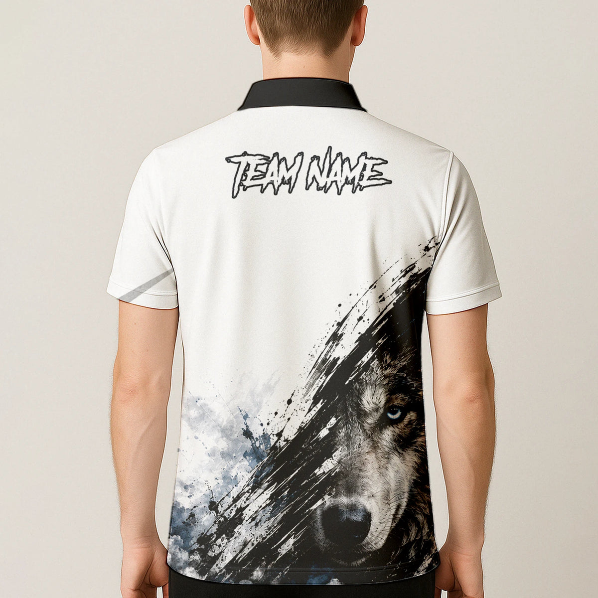Personalisiertes Dartshirt mit weiß-schwarz-blauem Wolf für Herren P634