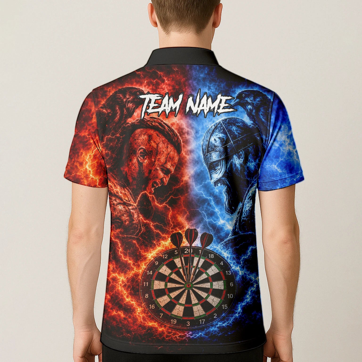 Personalisiertes Rot-blaues Wikinger-Dartshirt für Herren I920