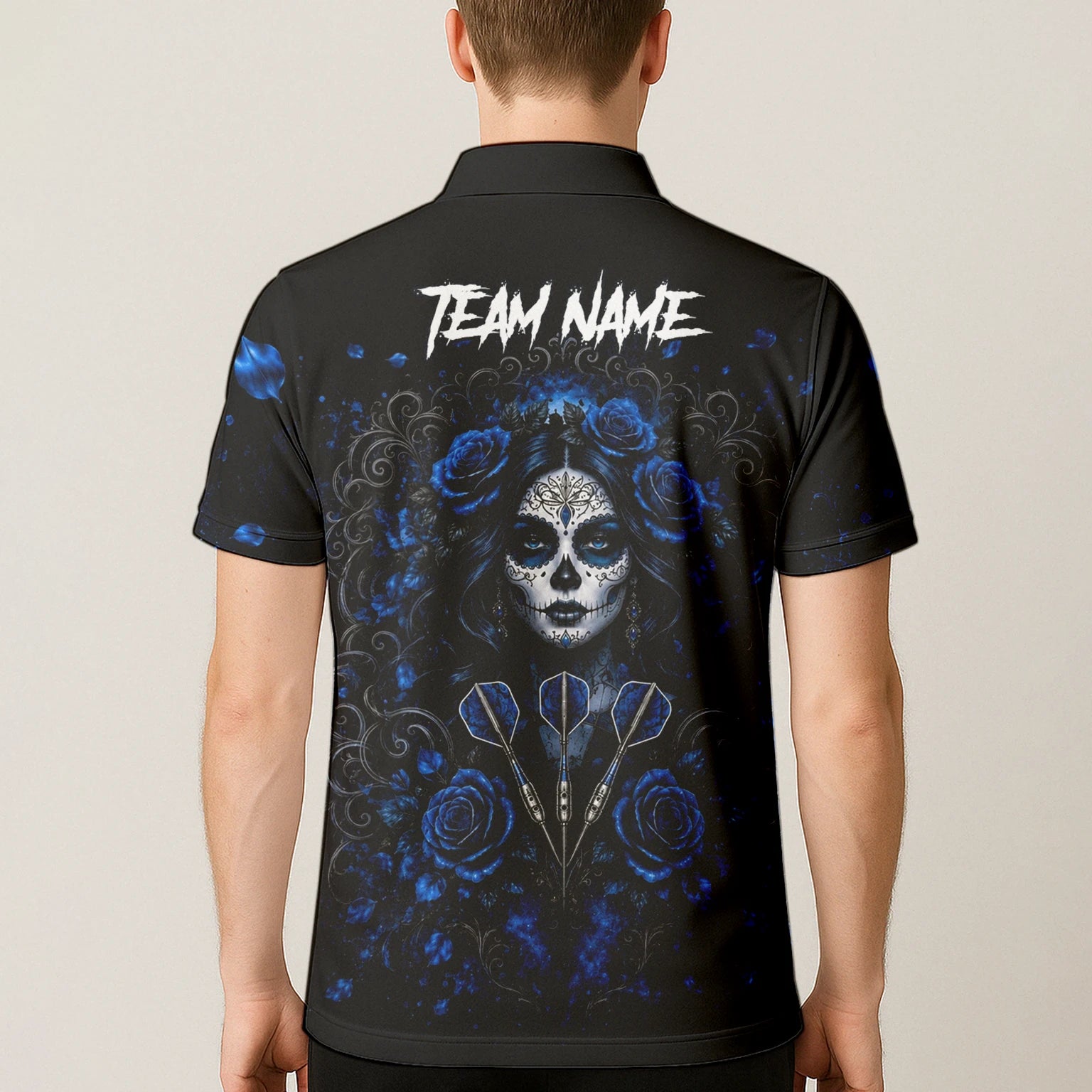 Personalisiertes Schwarz-blaues Sugar-Skull-Rosen-Dartshirt für Herren I884