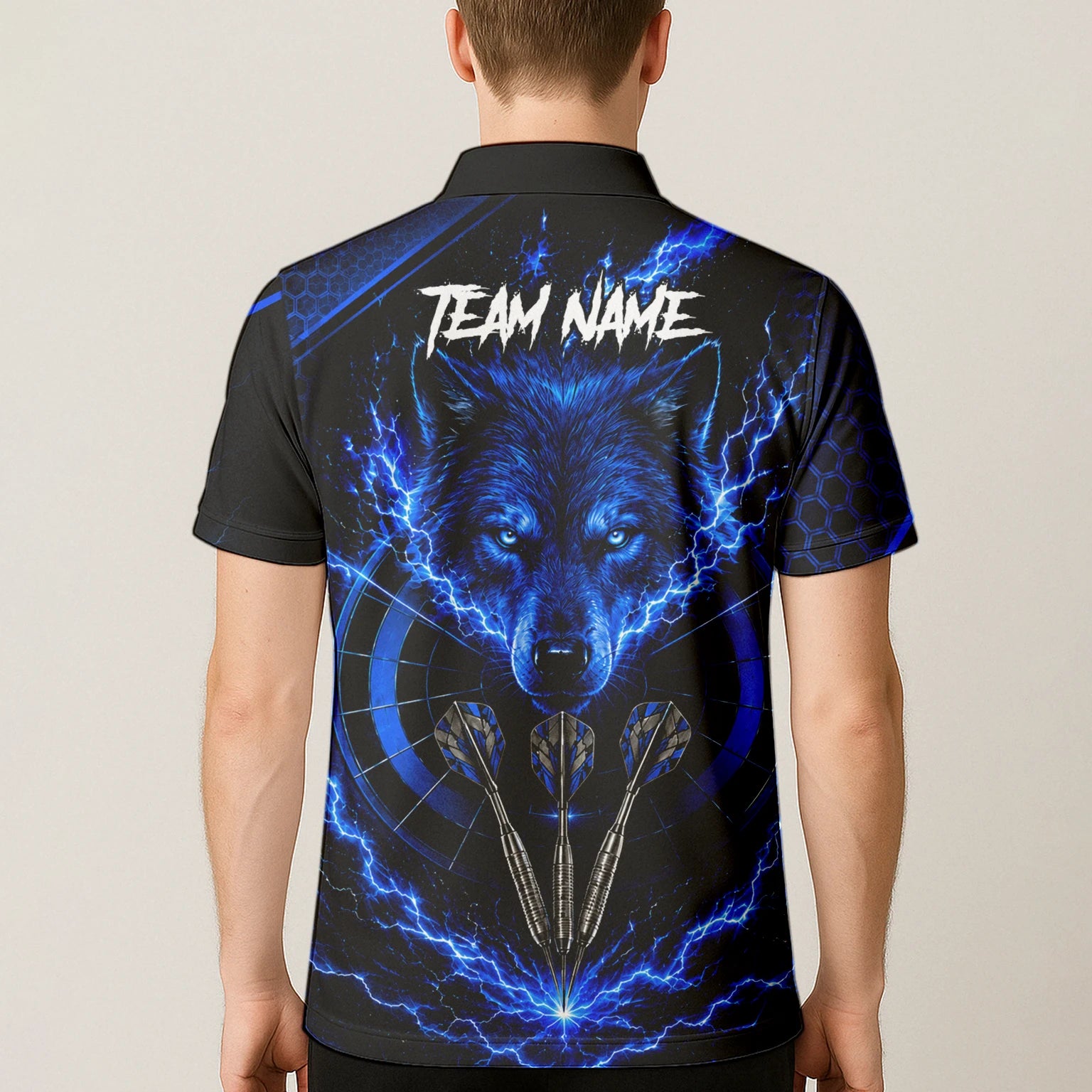 Personalisiertes Schwarz-blaues Wolf-Blitz-Dartshirt für Herren Y375