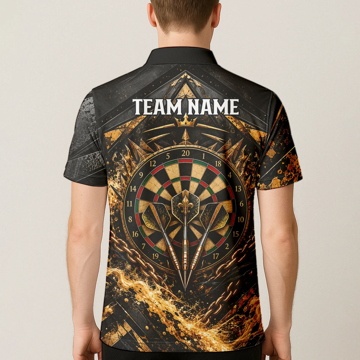 Personalisiertes Dartshirt in Schwarz und Gold mit Piraten-Totenkopf und Dartscheibe für Herren X7403