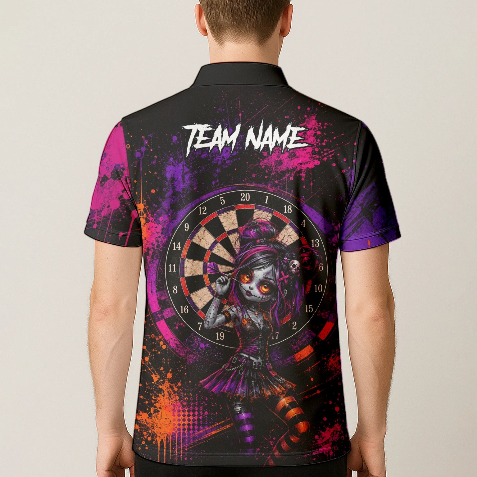 Personalisiertes Schwarz-lila-pink-oranges Gothic-Dartshirt für Herren Z641