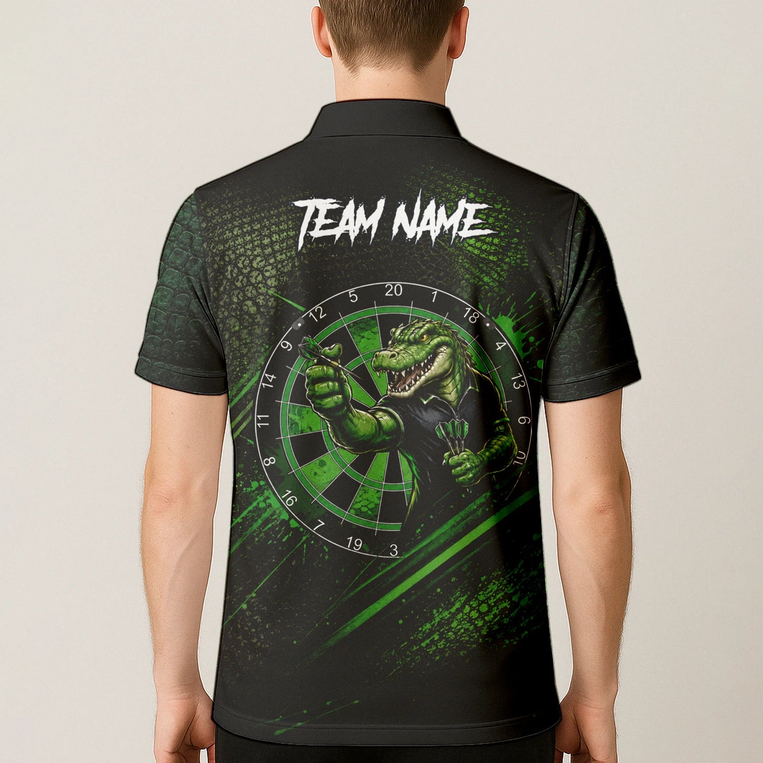 Personalisiertes Grün-schwarzes Alligator-Dartspieler-Dartshirt für Herren I987
