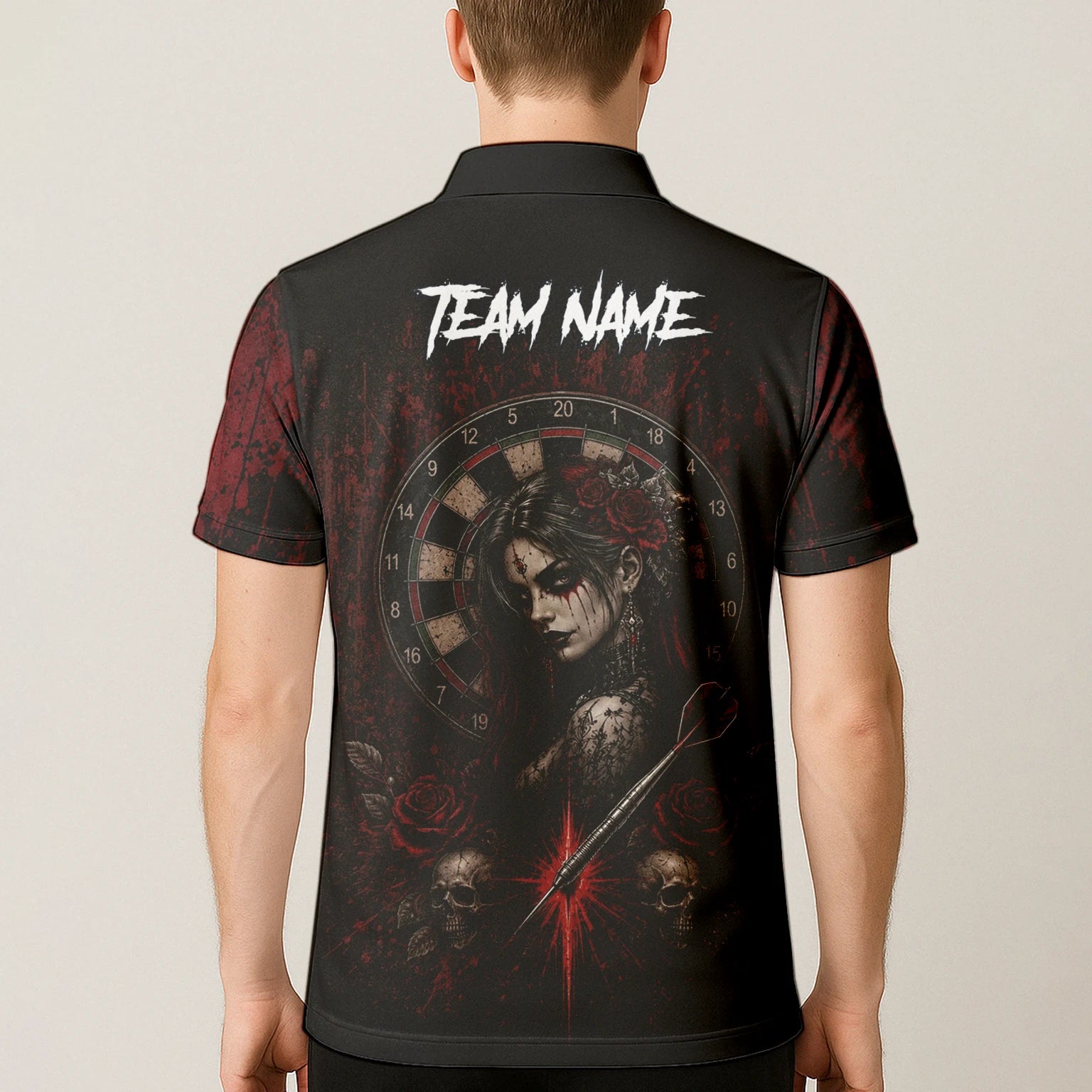 Personalisiertes Schwarz-rotes Gothic-Frauen-Totenkopf-Dartshirt für Herren W035