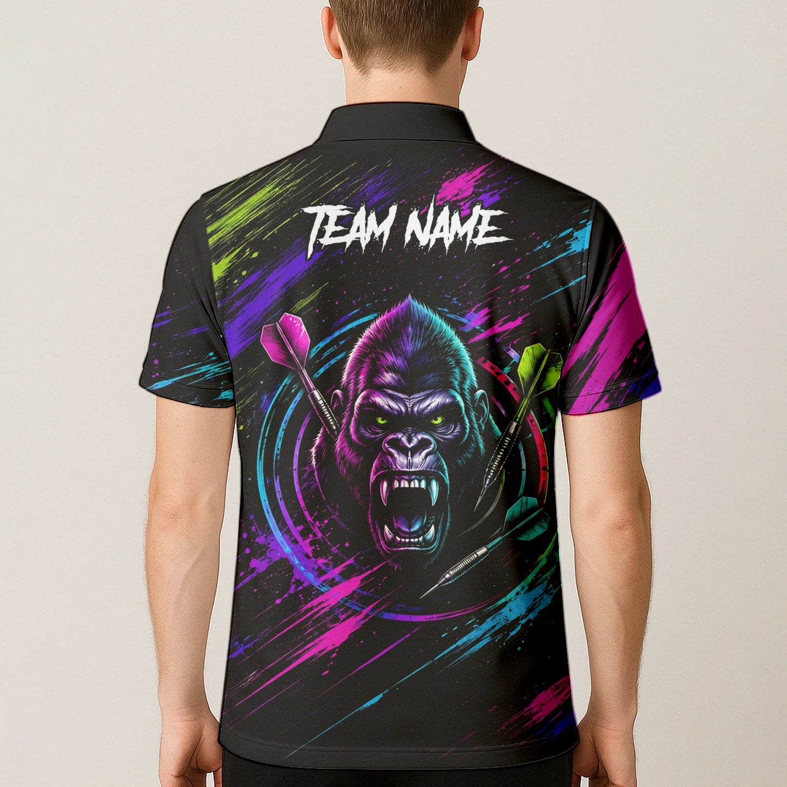 Personalisiertes Schwarz-pink-lila Gorilla-Dartshirt für Herren U874