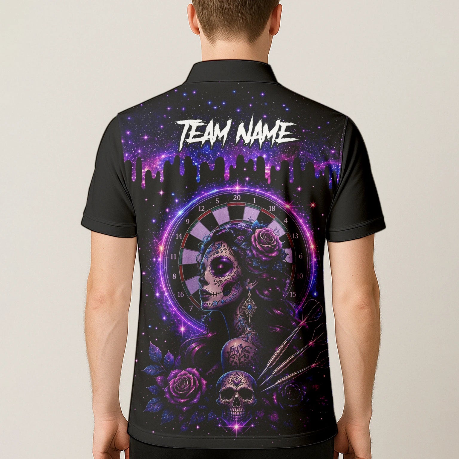 Personalisiertes Lila Galaxie Sugar-Skull-Dartshirt für Herren Z967