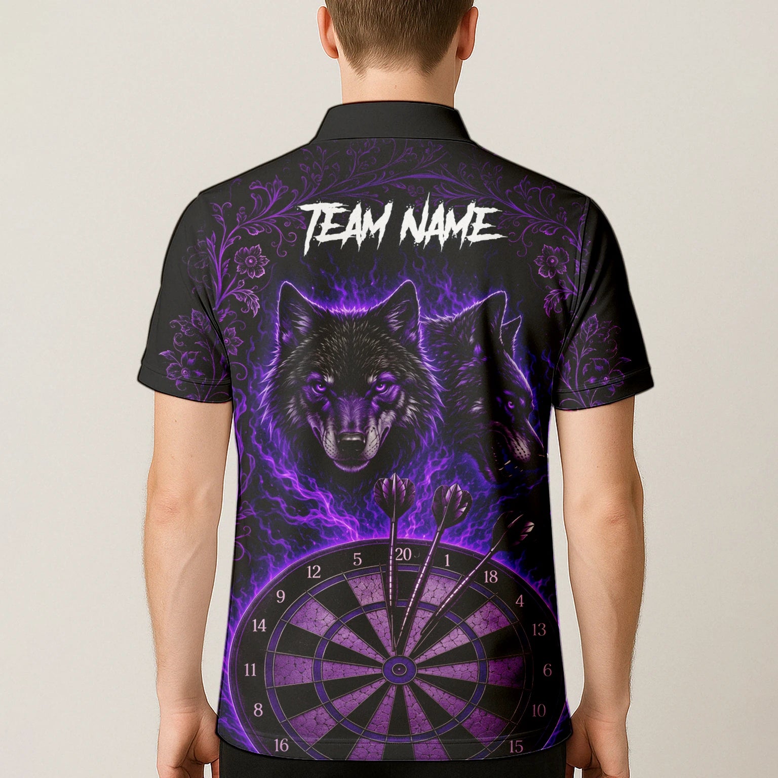 Personalisiertes Schwarz-lila Wolf-Dartboard Dartshirt für Herren J133