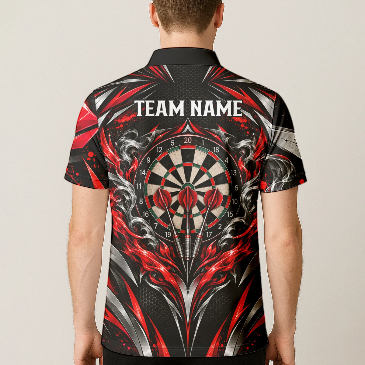 Personalisiertes Dartshirt in Schwarz, Rot und Silber mit geschwungenen Linien und Dartscheibe für Herren L9172
