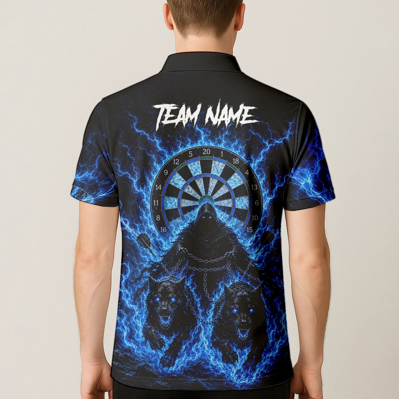 Personalisiertes Schwarz-blaues Sensenmann-und-Wölfe-Dartshirt für Herren X871