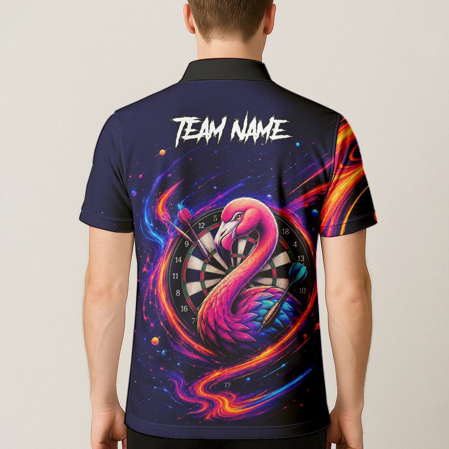 Personalisiertes Neon-Flamingo-Galaxie Dart Poloshirt für Herren D064