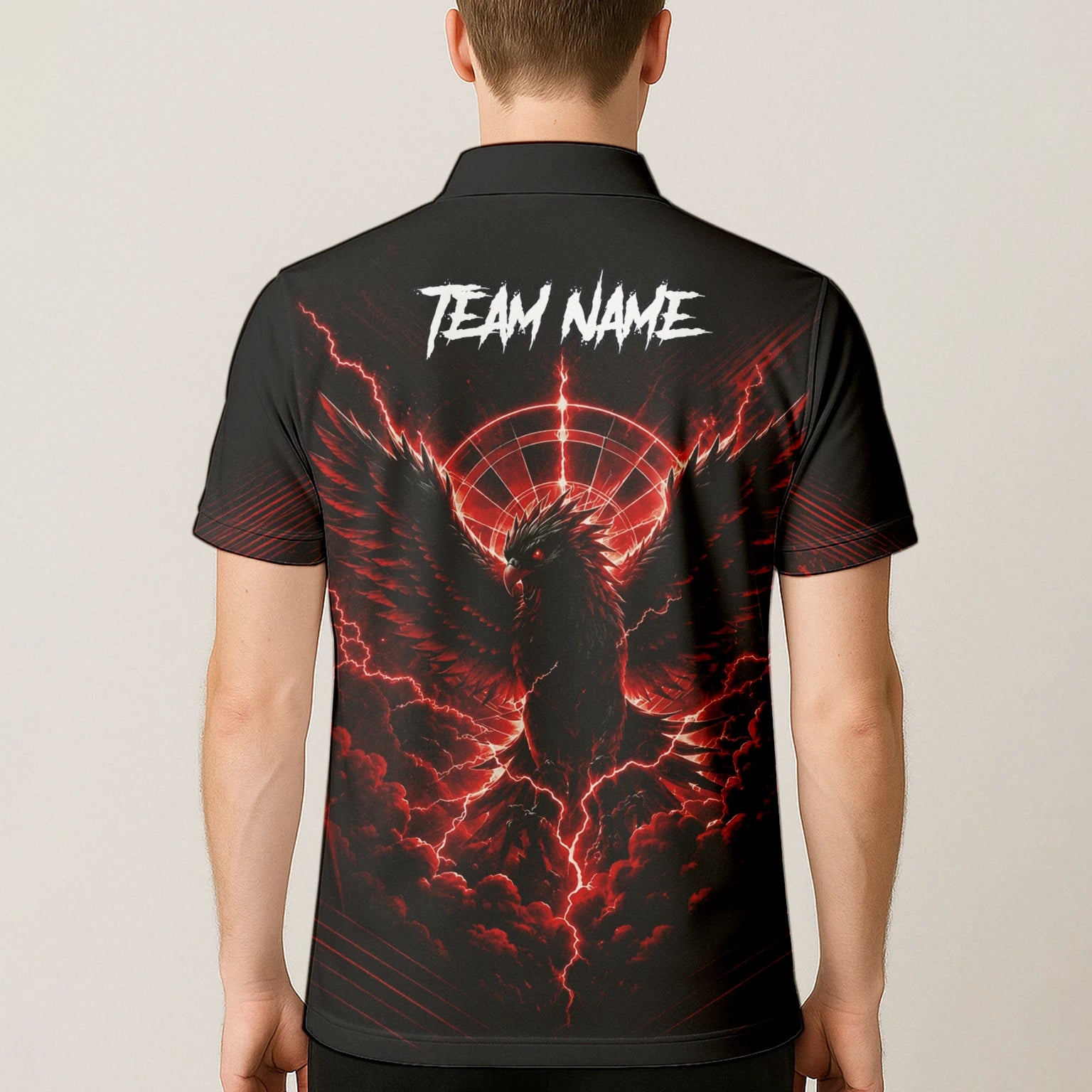 Personalisiertes Schwarz-rotes Phönix-Blitz-Dartboard Dartshirt für Herren J120
