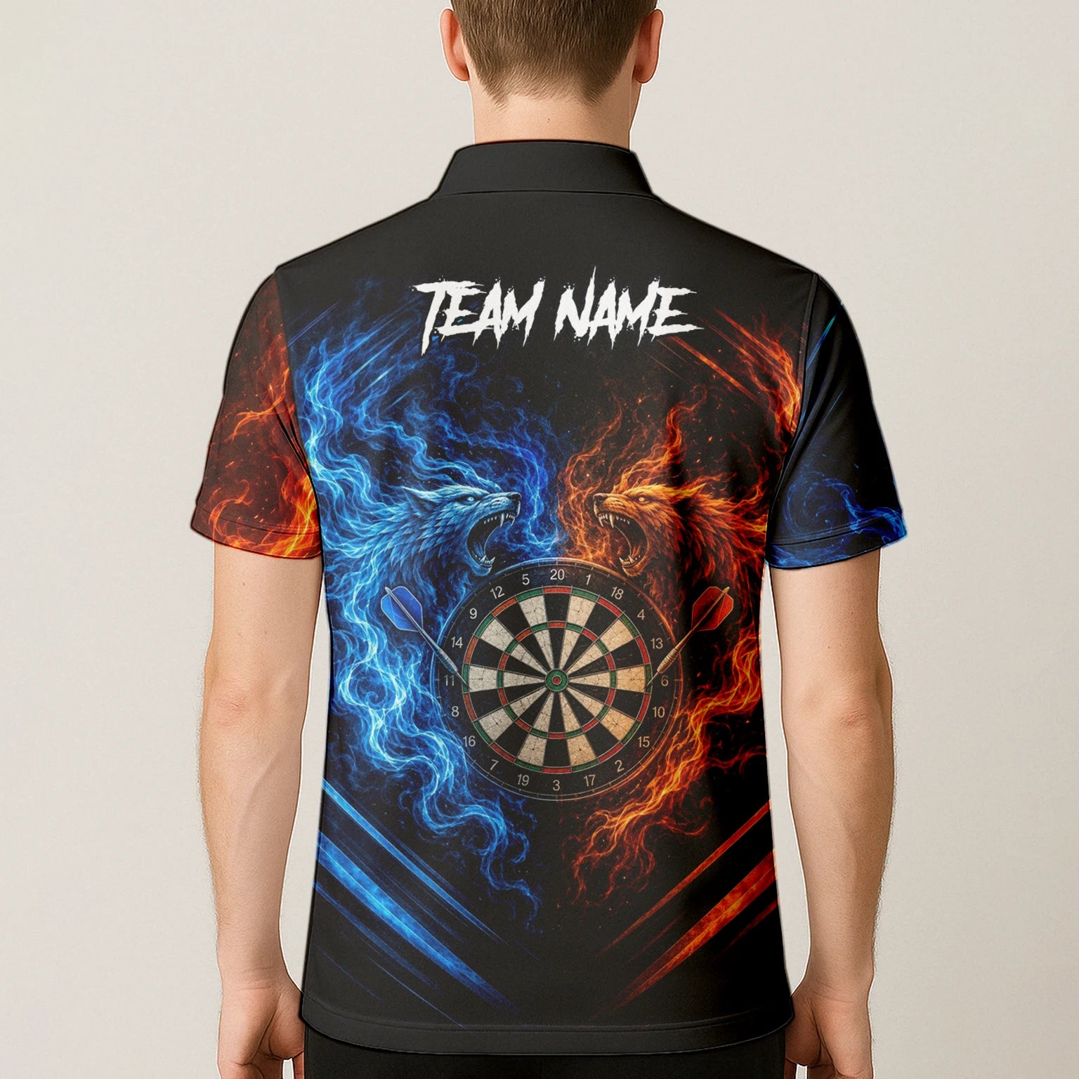 Personalisiertes Blau-oranges Wolf-Flammen-Dartboard Dartshirt für Herren A749