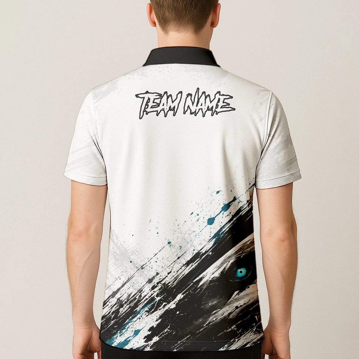 Personalisiertes Dartshirt mit weiß-schwarz-türkisem Hai für Herren D067