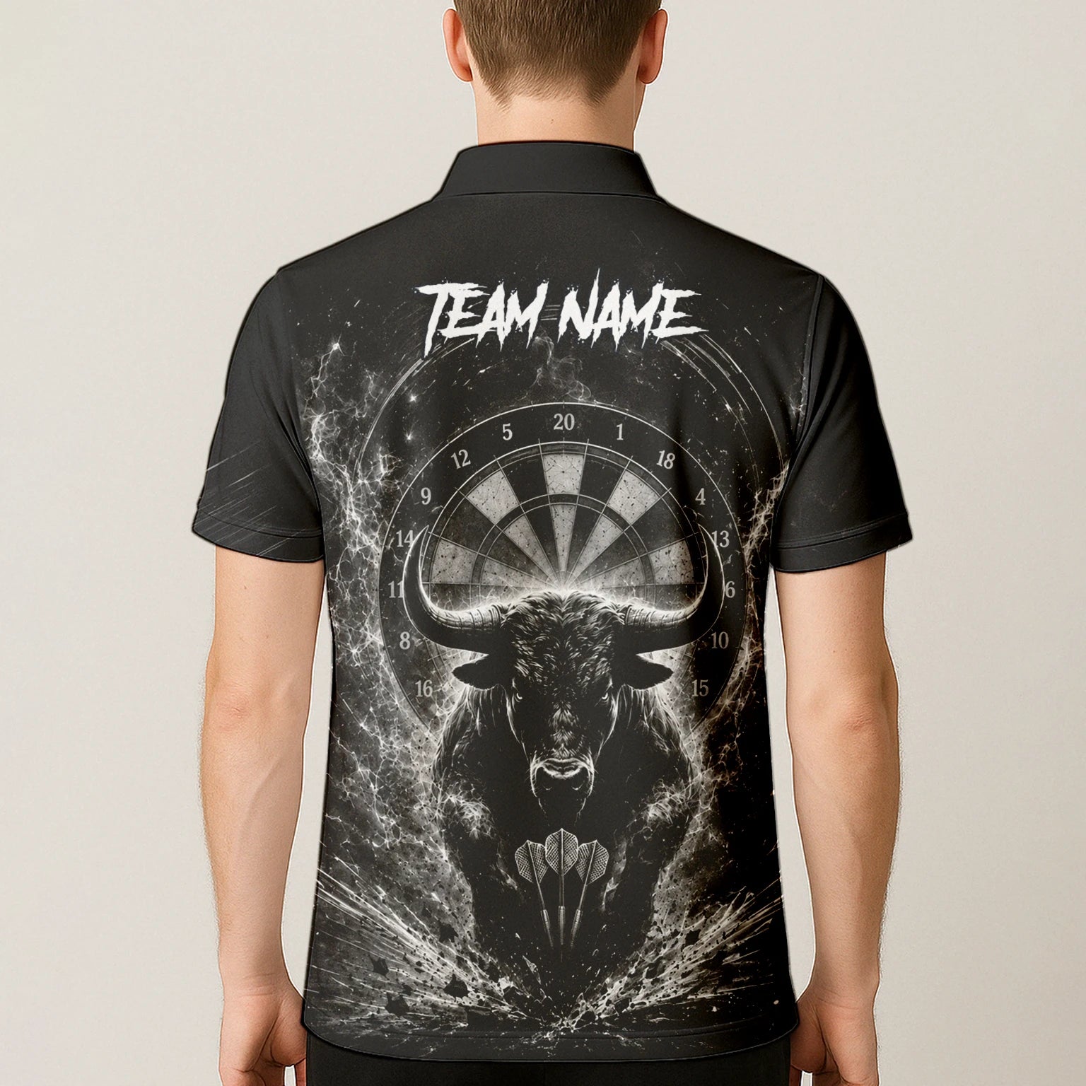 Personalisiertes Schwarz-weißes Stierkopf-Dartshirt für Herren V420