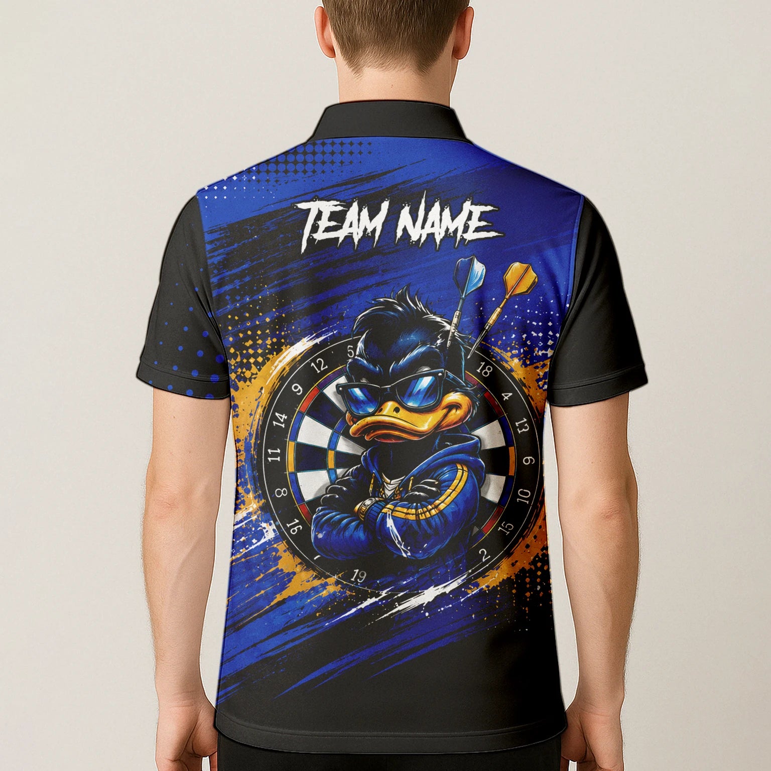Personalisiertes Blau-goldenes Enten Dart Poloshirt für Herren L859