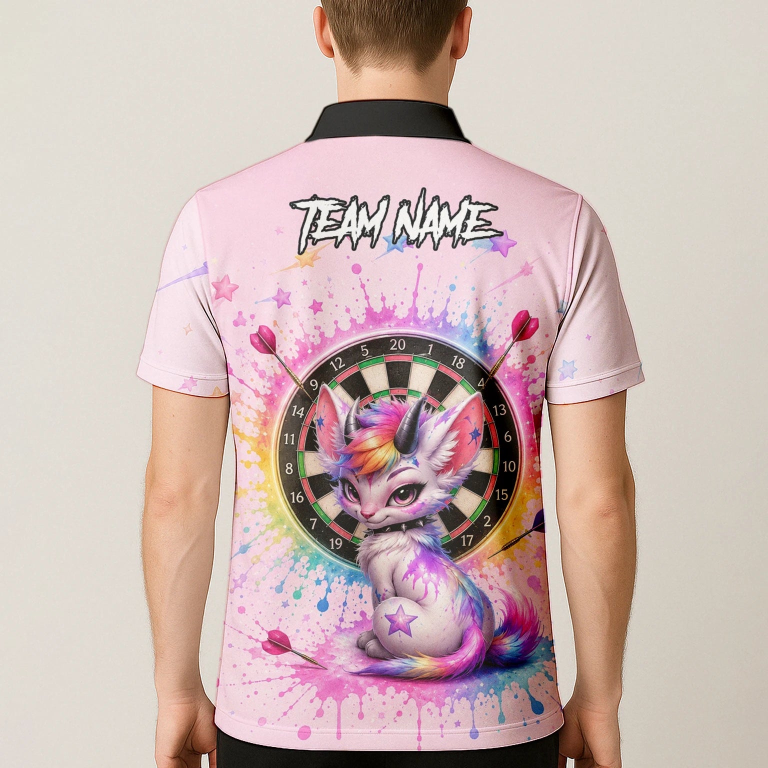 Personalisiertes Rosa Regenbogen Einhorn-Katzen-Dartshirt für Herren X398