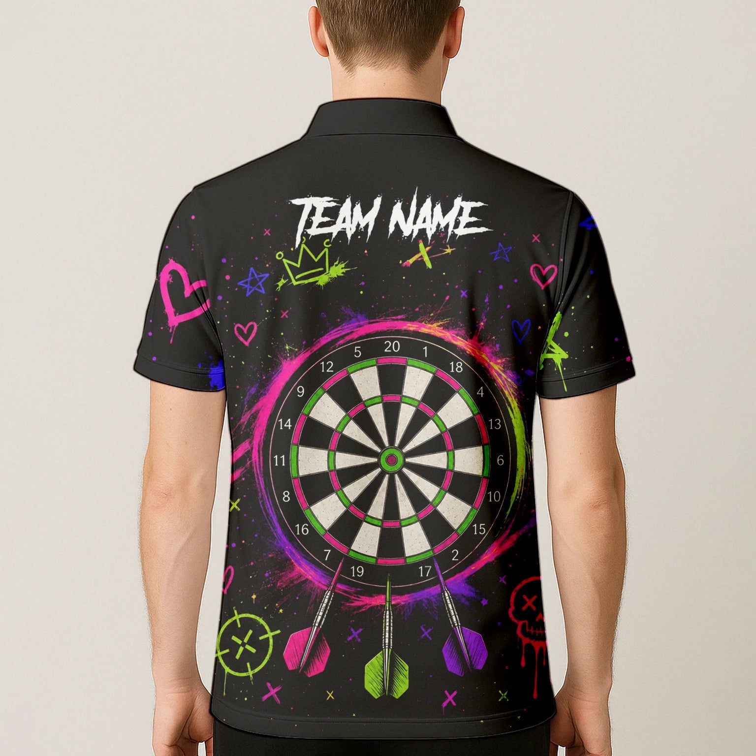 Personalisiertes Schwarz-neonfarbenes Sugar-Skull-Frauen-Dartshirt für Herren K745