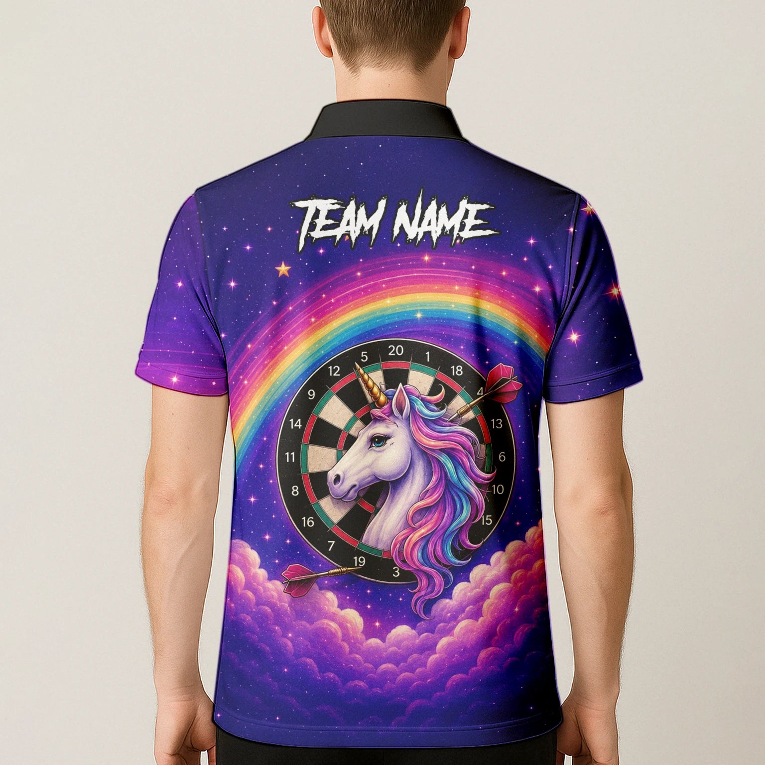 Personalisiertes Regenbogen-Einhorn Dart Poloshirt für Herren V221