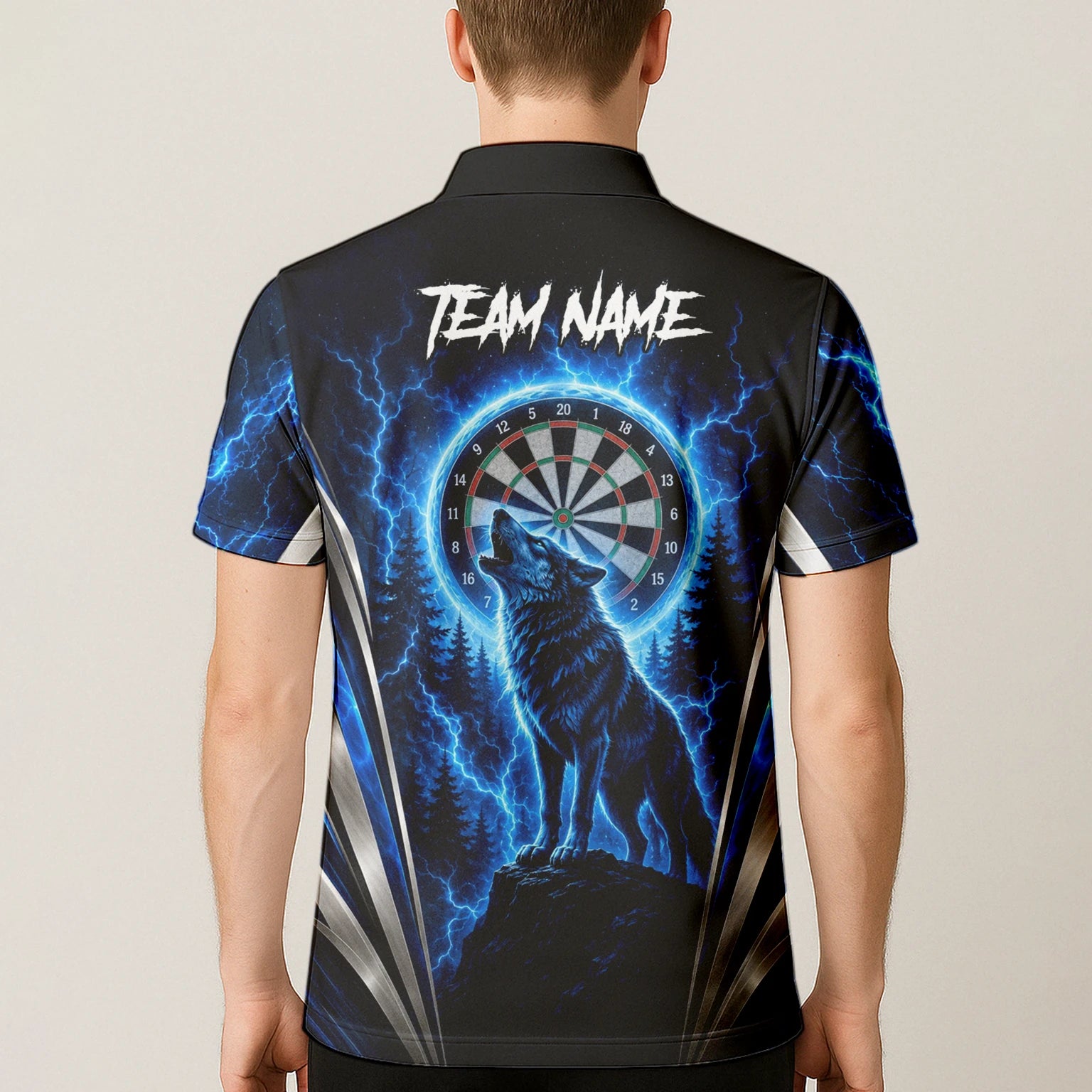 Personalisiertes Schwarz-blaues Wolf-Blitz-Dartshirt für Herren X929