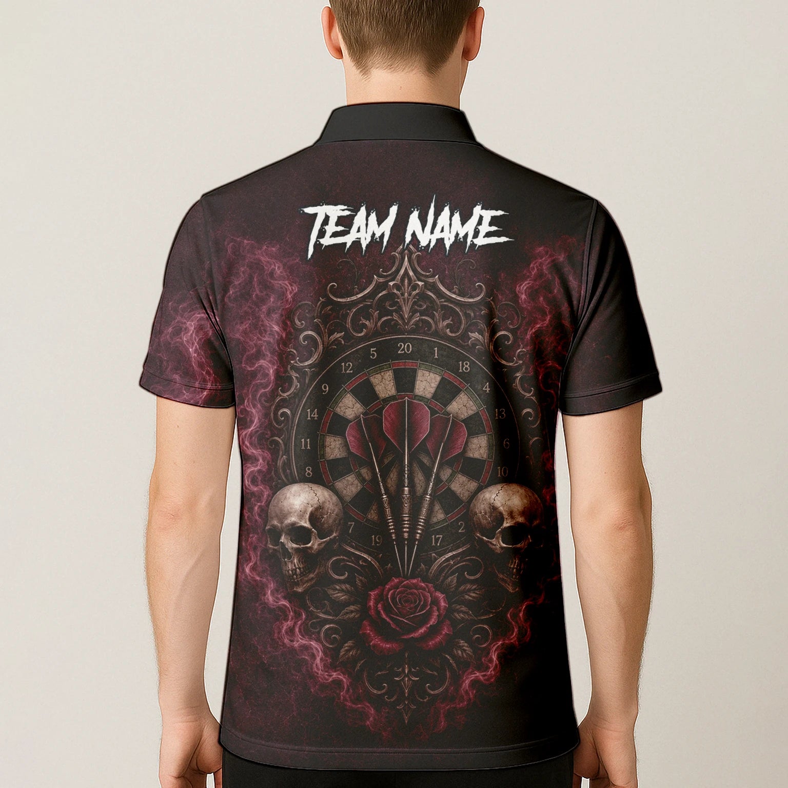 Personalisiertes Dunkelrot-schwarzes Totenkopf-Rosen-Dartshirt für Herren U786
