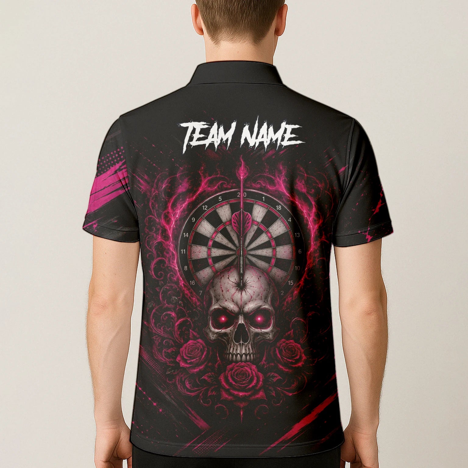 Personalisiertes Schwarz-pink Totenkopf-und-Rosen-Dartshirt für Herren V308