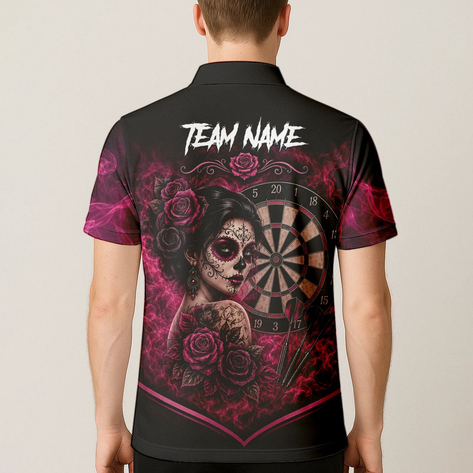 Personalisiertes Schwarz-pink Sugar-Skull-Rosen-Dartshirt für Herren Z109