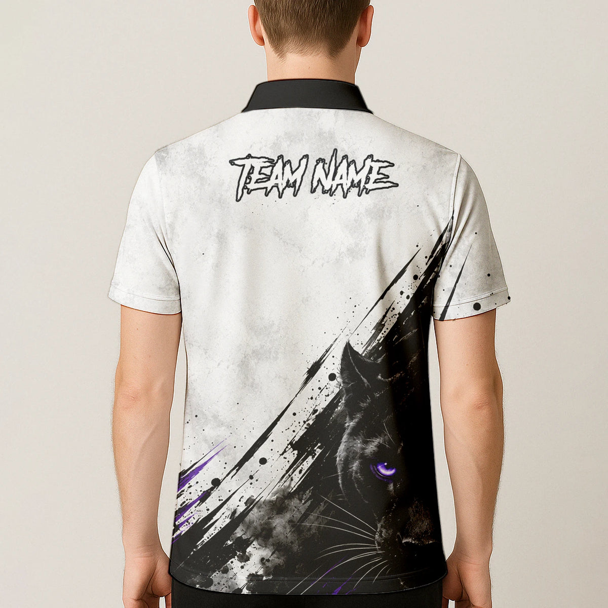 Personalisiertes Dartshirt mit weiß-schwarz-violettem Panther für Herren W442