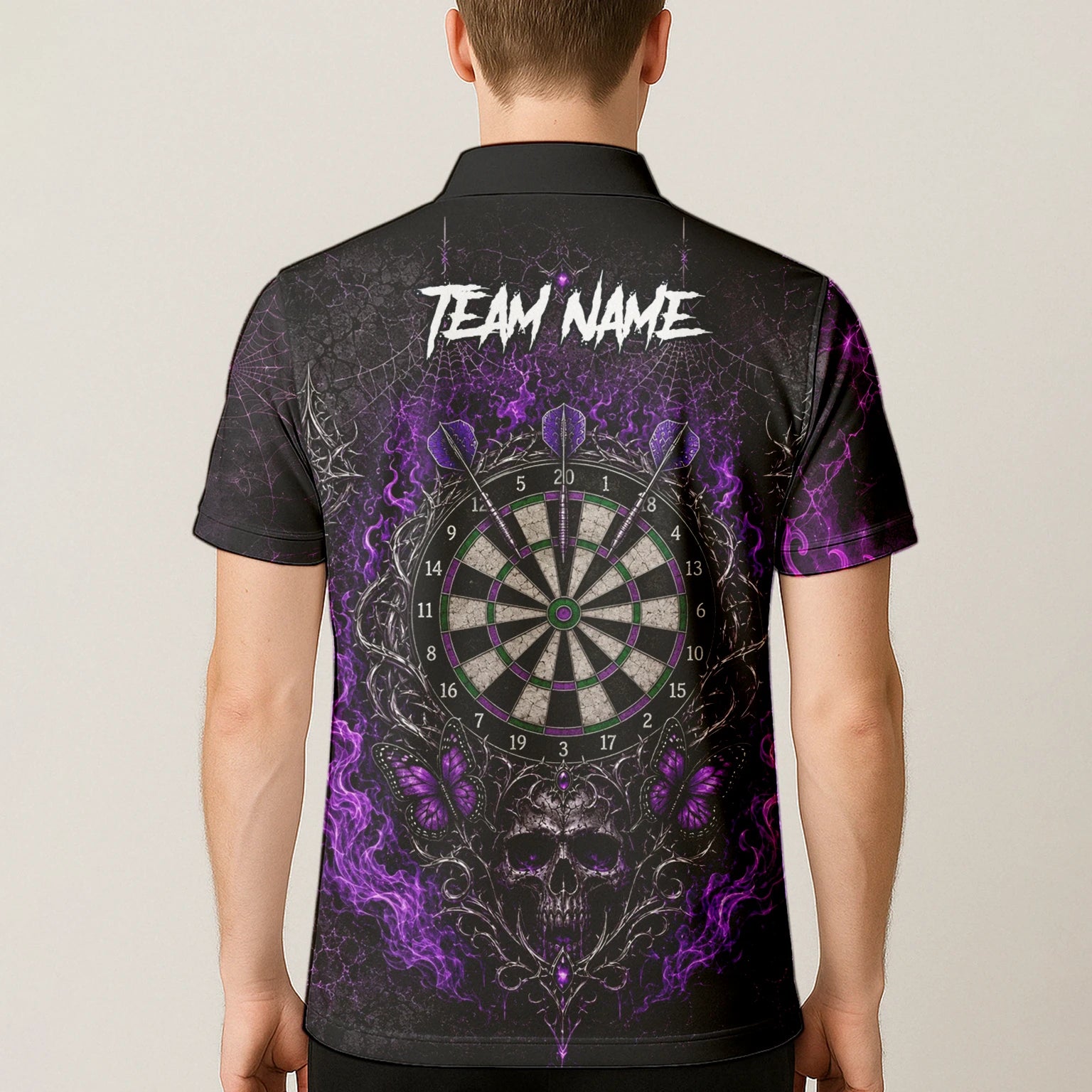 Personalisiertes Schwarz-lila Totenkopf-Schmetterling-Dartshirt für Herren Q241