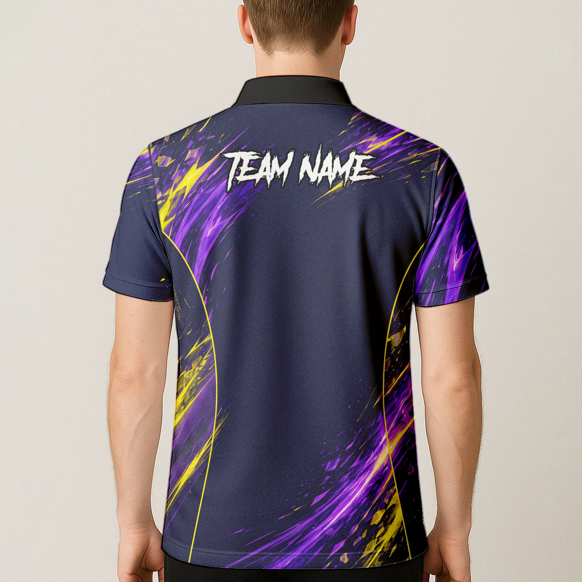 Personalisiertes Dartshirt mit dunkelblau-lila-gelbem abstraktem Design für Herren D517
