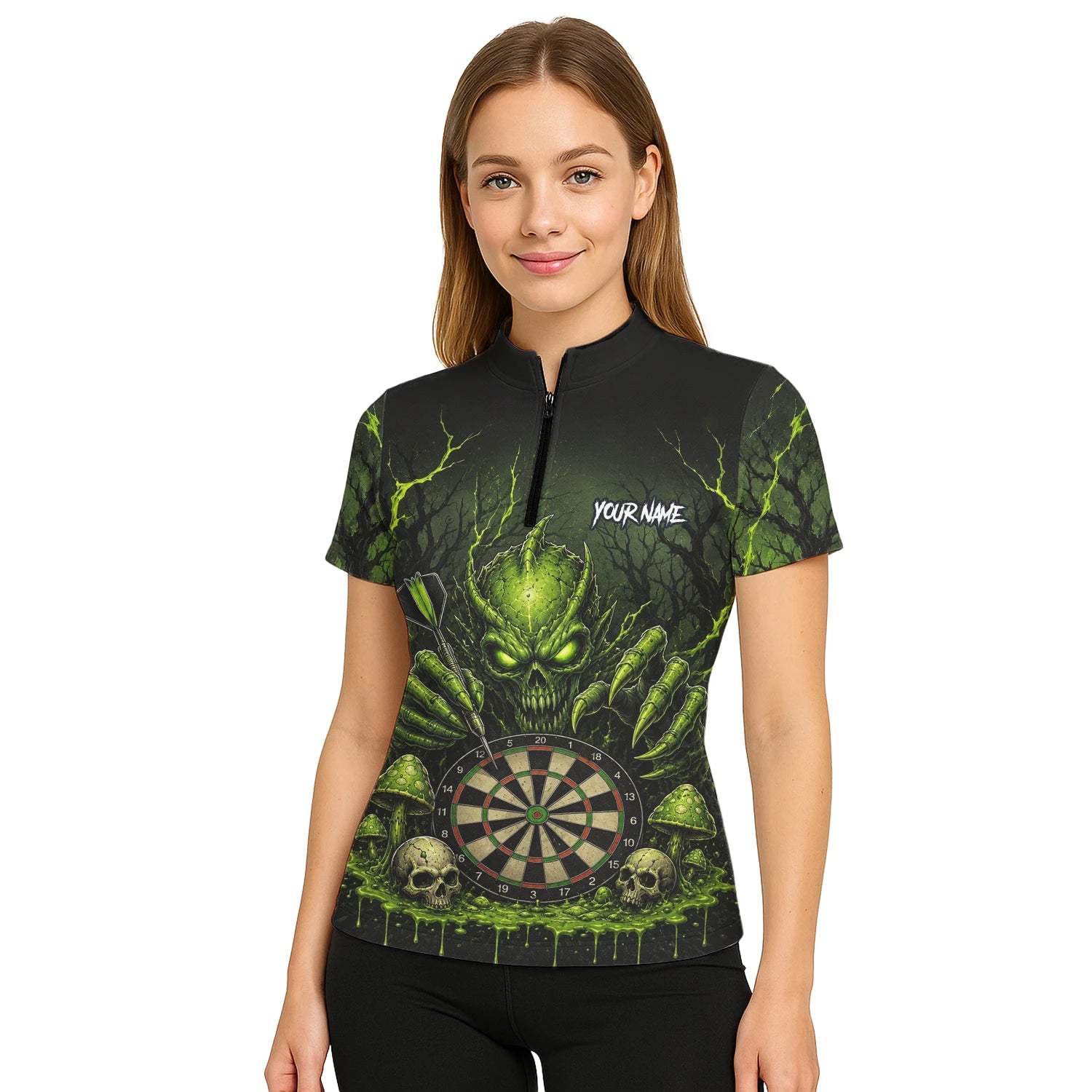 Personalisiertes Schwarz-grünes Monster-Totenkopf-Dartboard Dartshirt für Damen A277