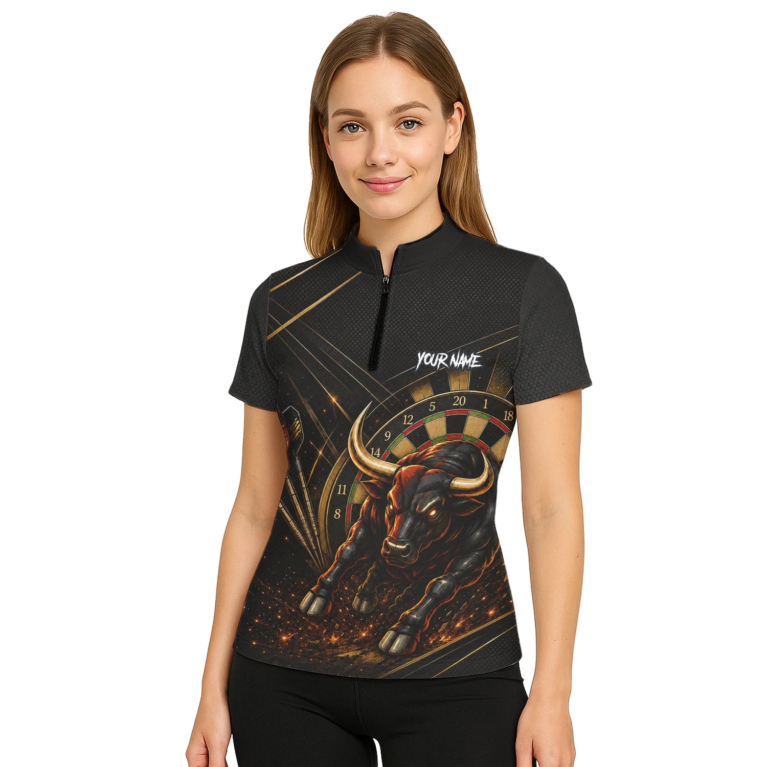 Personalisiertes Schwarz-goldenes Stier Dart Poloshirt für Damen K607